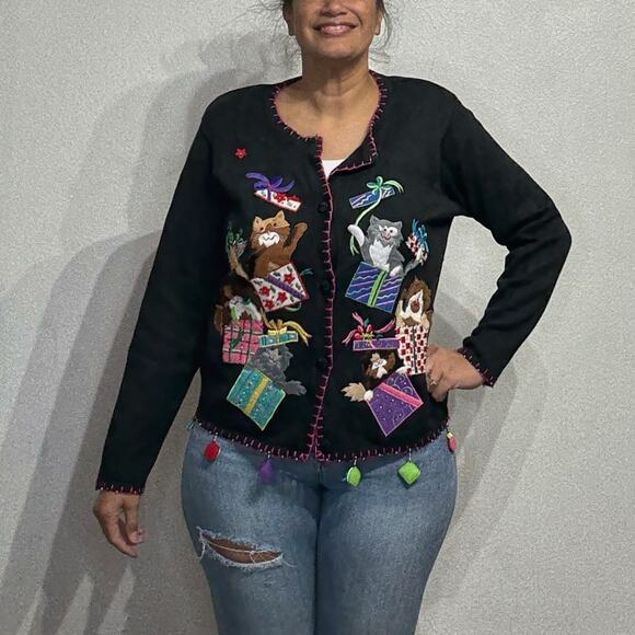 Arriviste Black Christmas Cat Vintage Cardigan Sz L - Picture 1 of 14